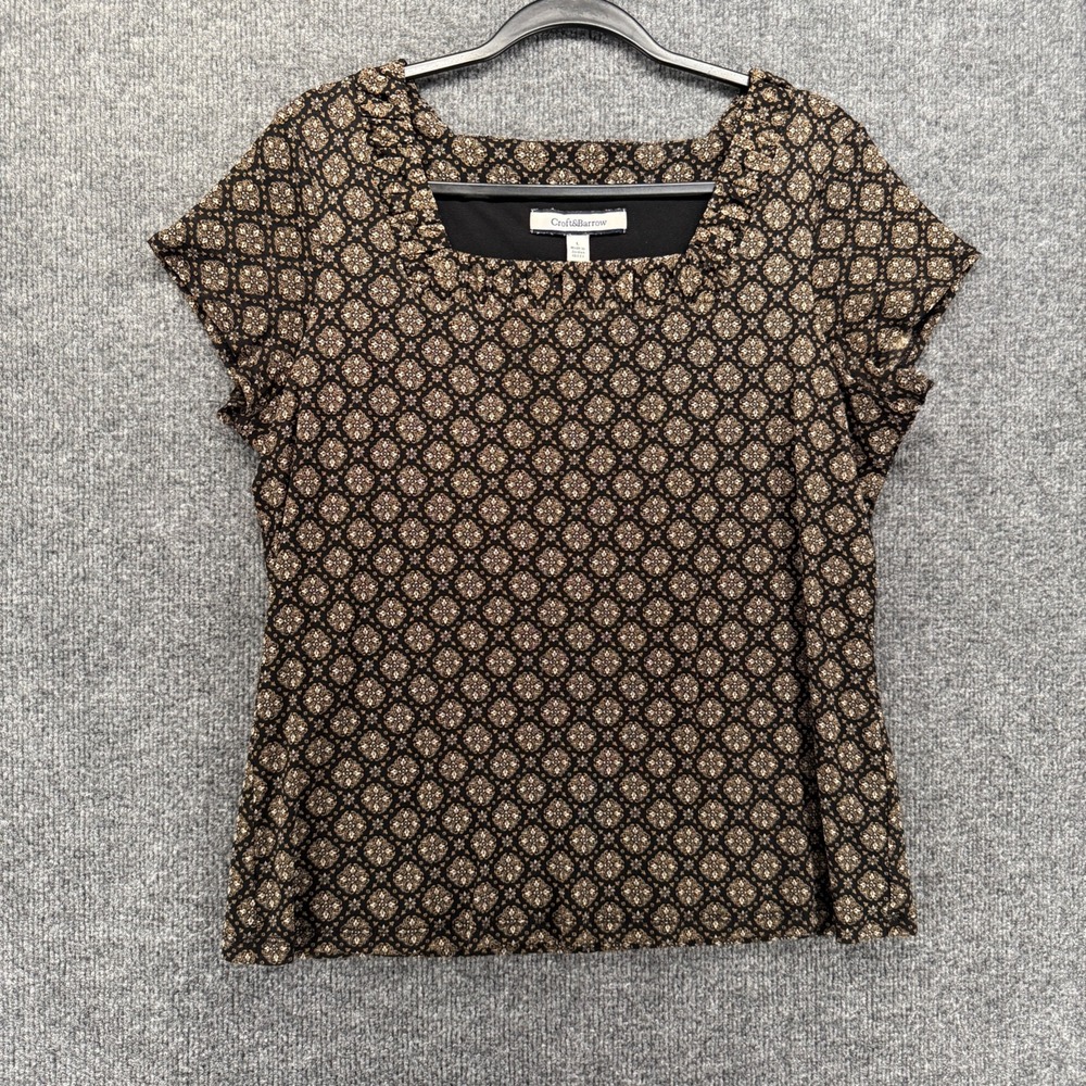 Y2K Top Womens L Brown Floral Print Short Sleeve Fitted Casual 90s Grunge Boho